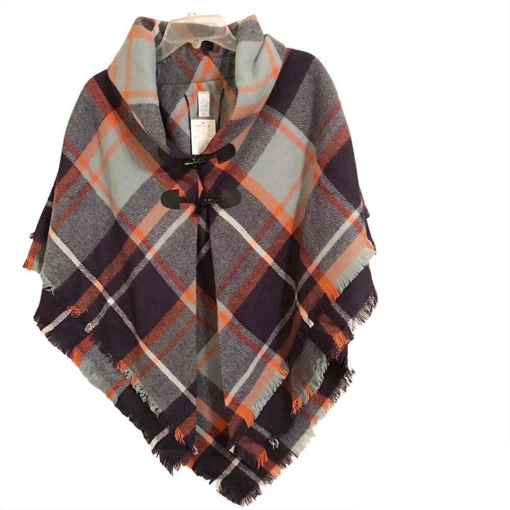NWT Woman's Classic Blue Plaid Toggle Ruana Poncho Style